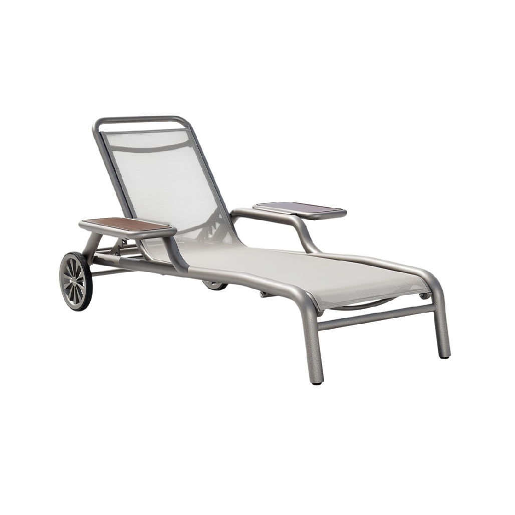 **Technische titel in het Nederlands: Modern verstelbaar ligbed met houten armleuning en wielen**