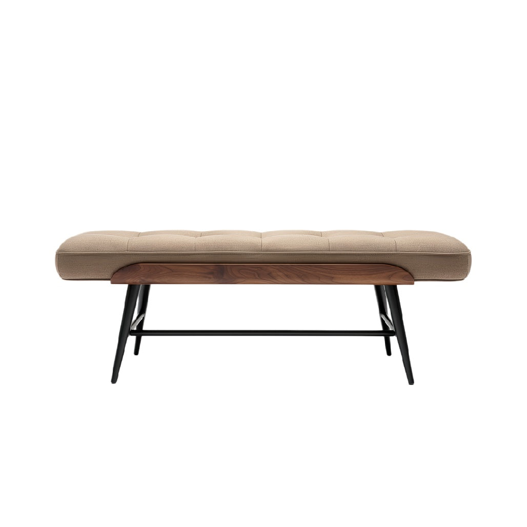 **Houten bank met stoffen zitting en moderne poten**