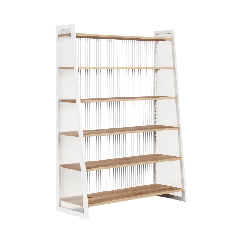 **Technische Titel in het Nederlands: Moderne boekenplank met houten planken en metalen frame**